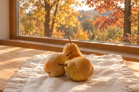 Pears on a linen cloth beside a sunlit window with autumn foliage outside