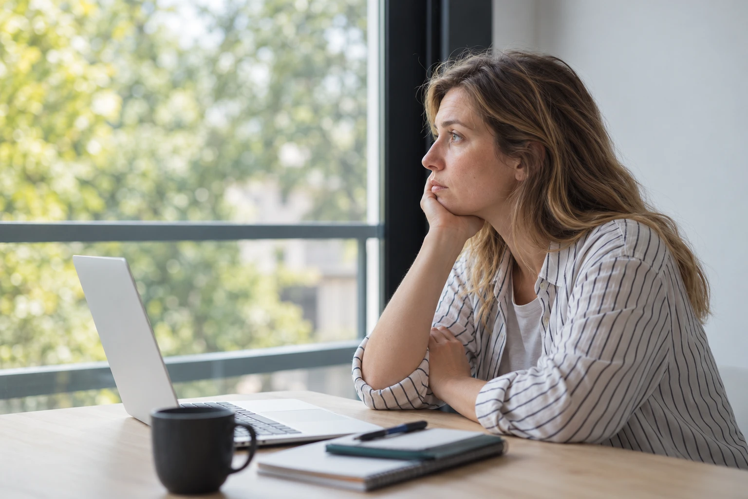 A woman resting her jaw on her hand beside a laptop and cup at a desk by a window