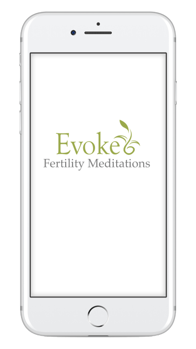 Evoke Fertility Meditations app shown on a phone