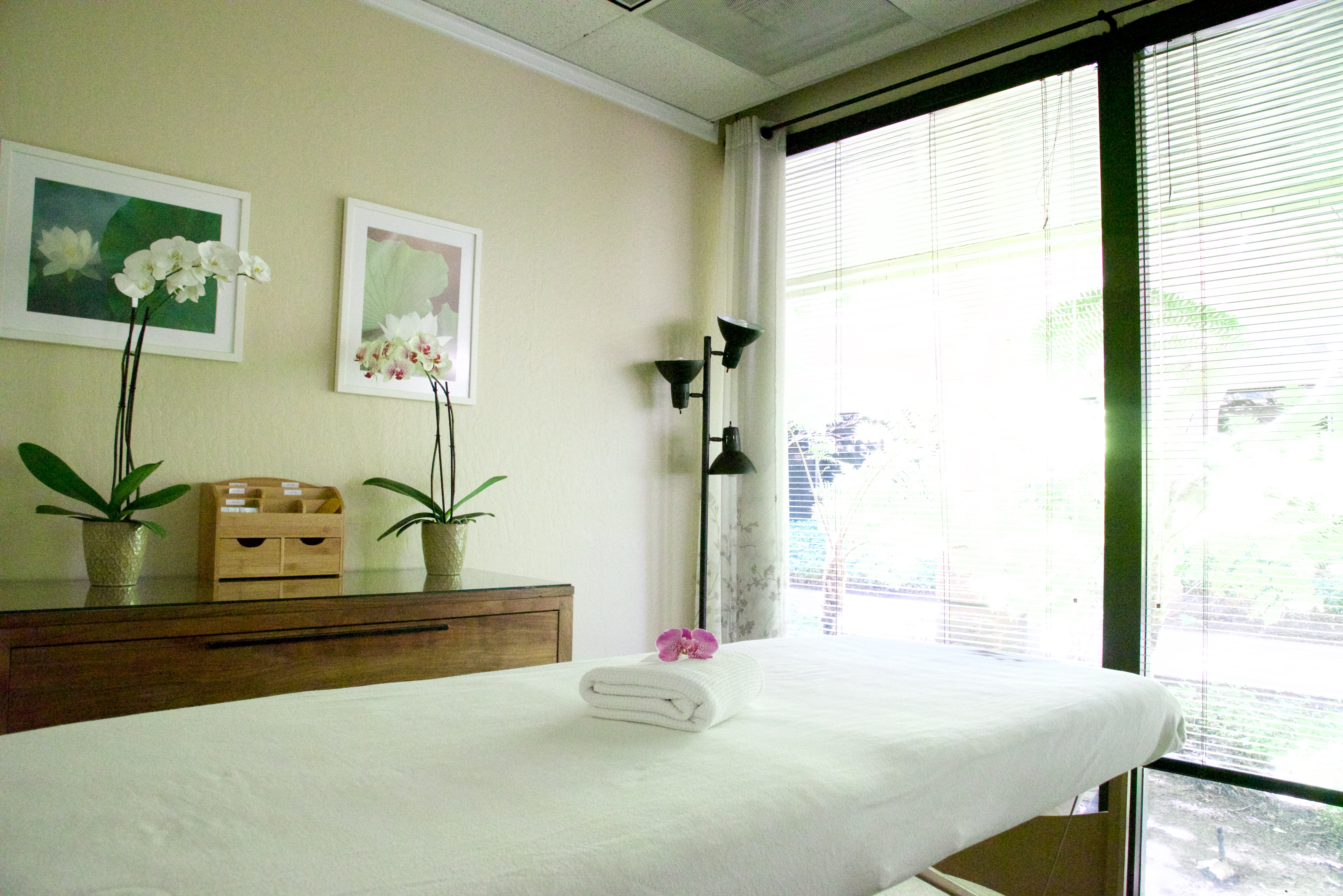 Sunlit Evoke treatment room with orchids and a prepared treatment table