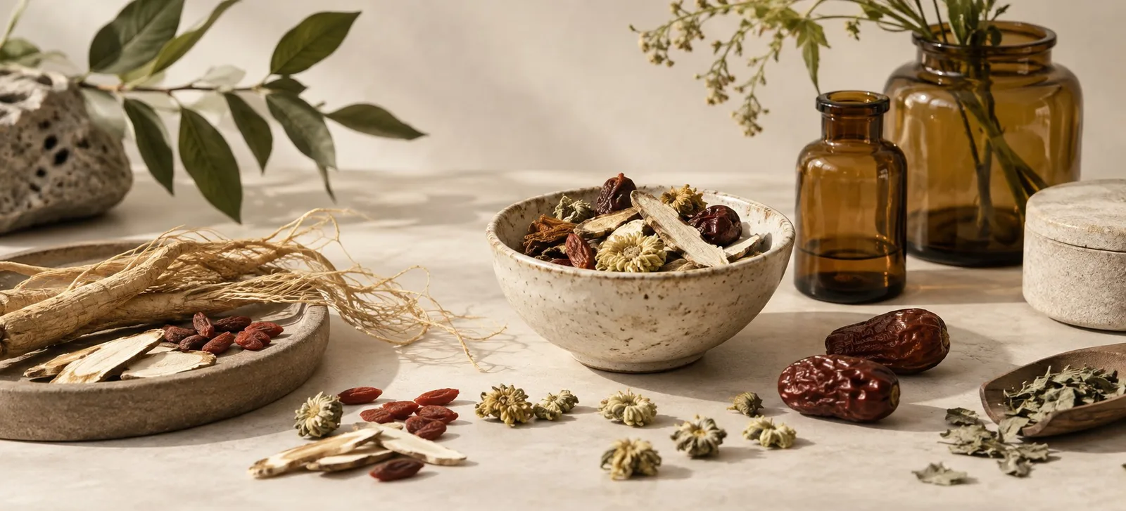 Chinese herbs and botanical ingredients in ceramic bowls