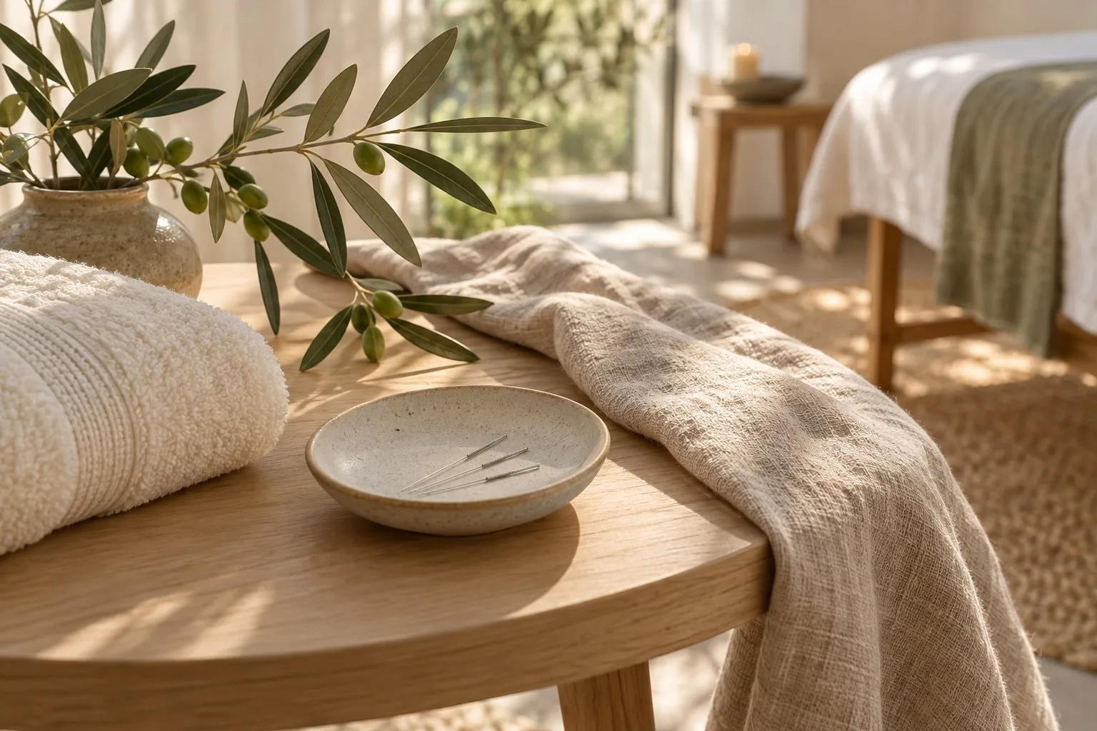Fine acupuncture needles beside soft treatment linens