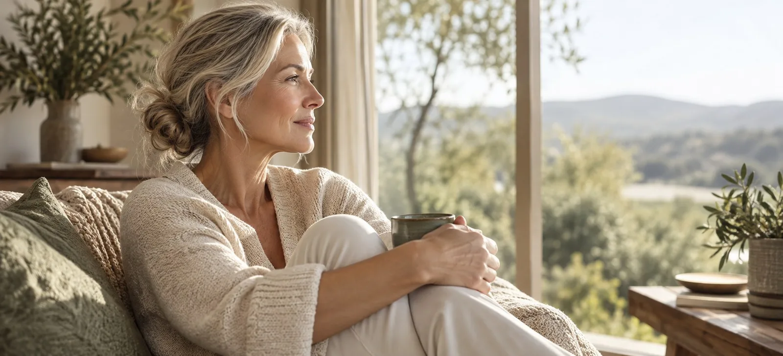 A woman enjoying tea by a sunlit window