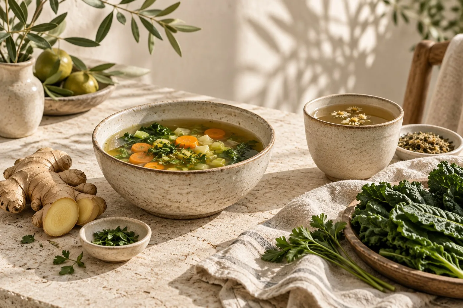 Warm broth, ginger, leafy greens, and herbal tea